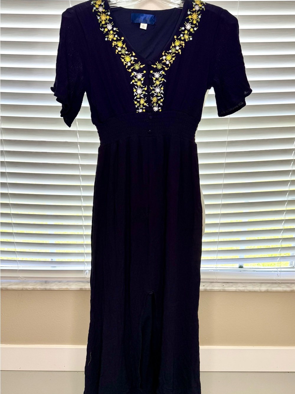 Blue Rain Navy V-Neck Embroidered Maxi Dress with‎ Yellow Floral Accents